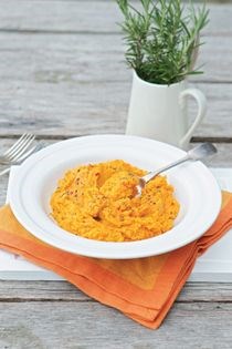 Roast squash and sweet potato mash with chilli, garlic and thyme