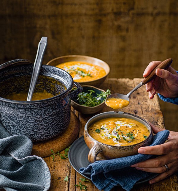 Roast squash, apple and barley soup