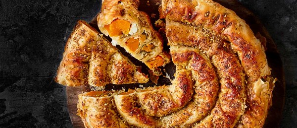 Roast squash, feta and chard börek