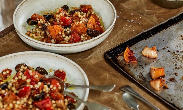 Roast squash fregola with late tomatoes and spice