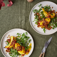 Roast squash wedges with sun-dried tomato and walnut dressing