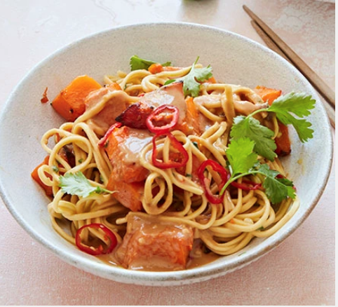 Roast squash with chilli & peanut noodles