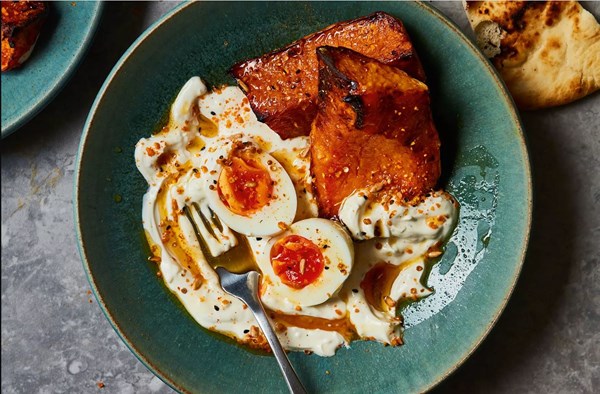 Roast squash with egg, garlic yogurt & dukkah