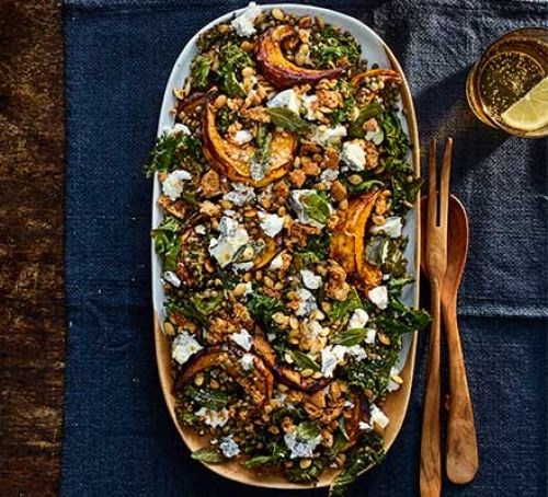 Roast squash with goat's cheese & Puy lentils