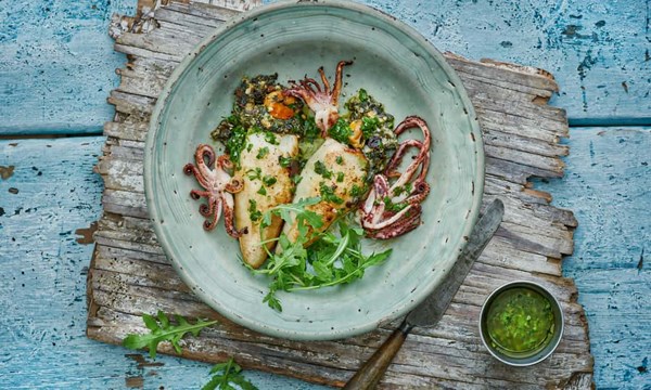 Roast squid stuffed with mussels, lemon and spinach