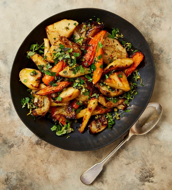 Roast stock vegetables with caper gremolata