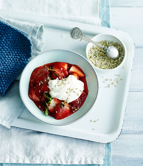 Roast strawberries with crème fraîche and candied fennel seeds
