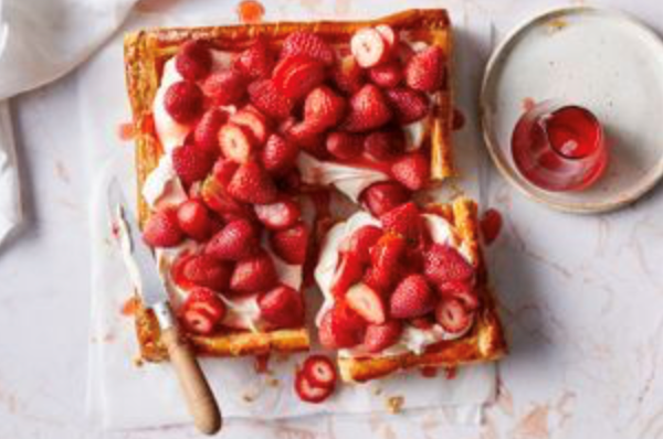 Roast strawberry tart with rosewater Chantilly and strawberry-hull shrub