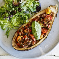 Roast stuffed eggplant with whipped feta and spinach