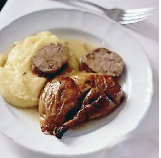 Roast stuffed guinea hen (Faraona rustît)