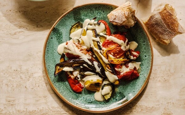 Roast summer vegetables with ajo blanco 