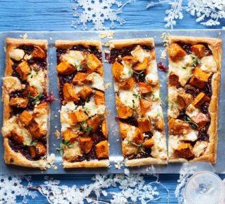 Roast sweet potato & onion tart with goat's cheese