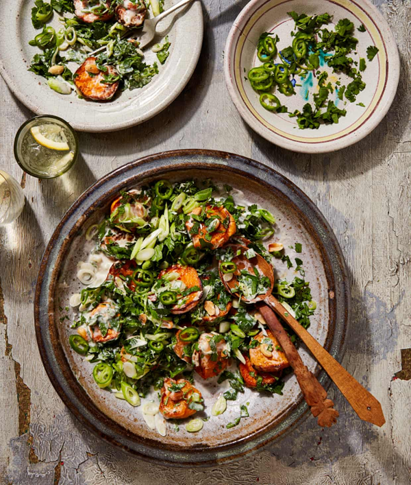 Roast sweet potato, peanut and chilli salad