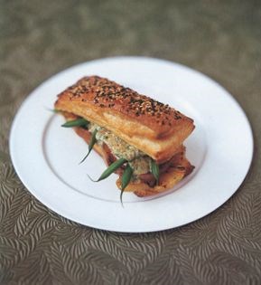 Roast sweet potato, pineapple and bean pastries with tahini, chilli and lemon grass dressing