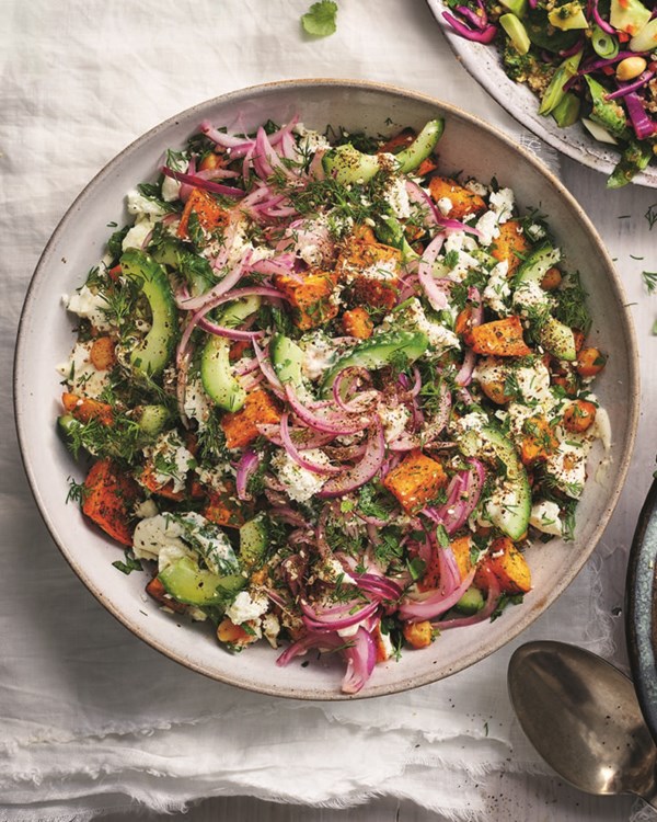Roast sweet potato, spiced chickpea and feta salad with tahini dressing