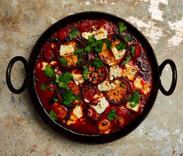 Roast sweet potato, tomato sauce and feta