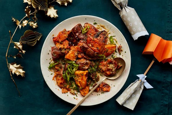 Roast sweet potato with maple, lime and pecans