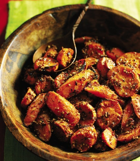 Roast sweet potatoes and carrots spiced with cumin, fennel and coriander