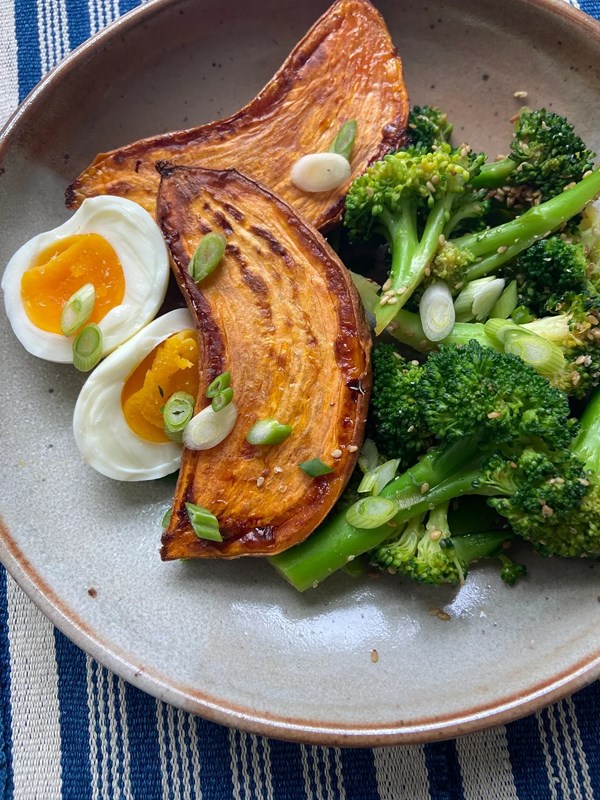 Roast sweet potatoes with broccoli goma-ae
