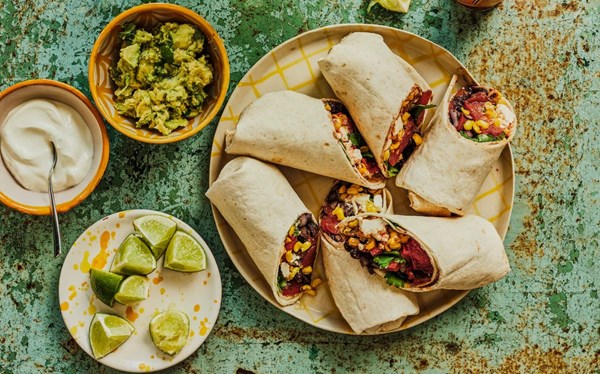 Roast sweetcorn, tomato and black bean burritos