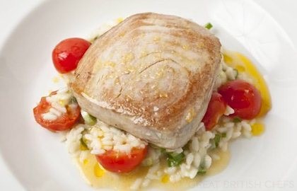 Roast tomato and spring onion risotto with seared tuna