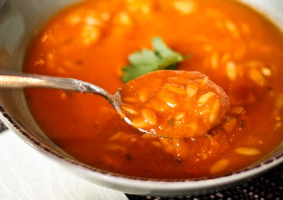 Roast tomato, leek and risoni soup