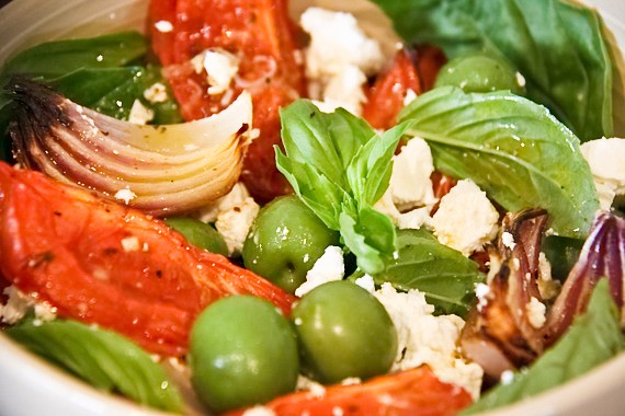 Roast tomato, onion, feta, olive and basil salad