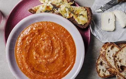 Roast tomato soup with goat’s cheese and thyme toasts