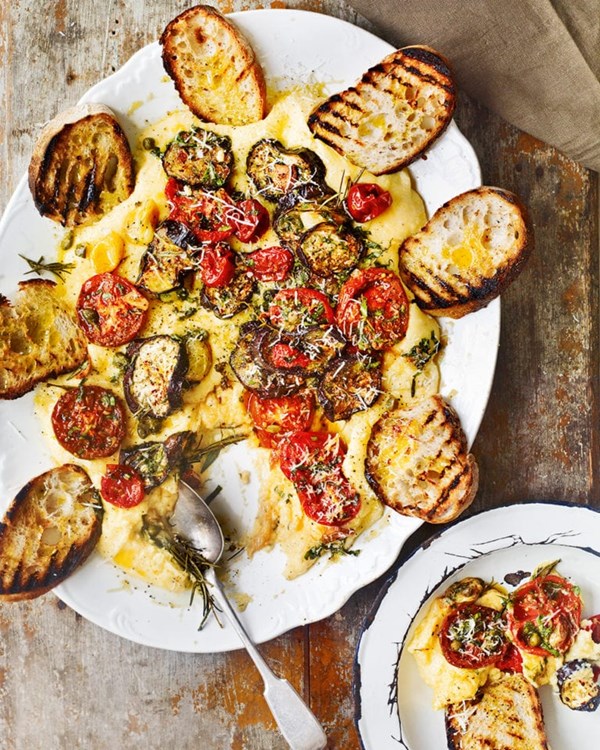 Roast tomatoes and aubergines with wet polenta, sheep's cheese and griddled sourdough