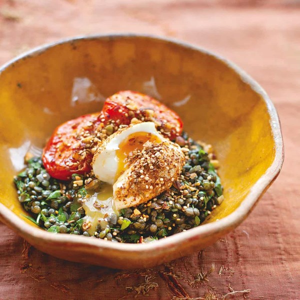 Roast tomatoes and lentils with dukkah-crumbed eggs