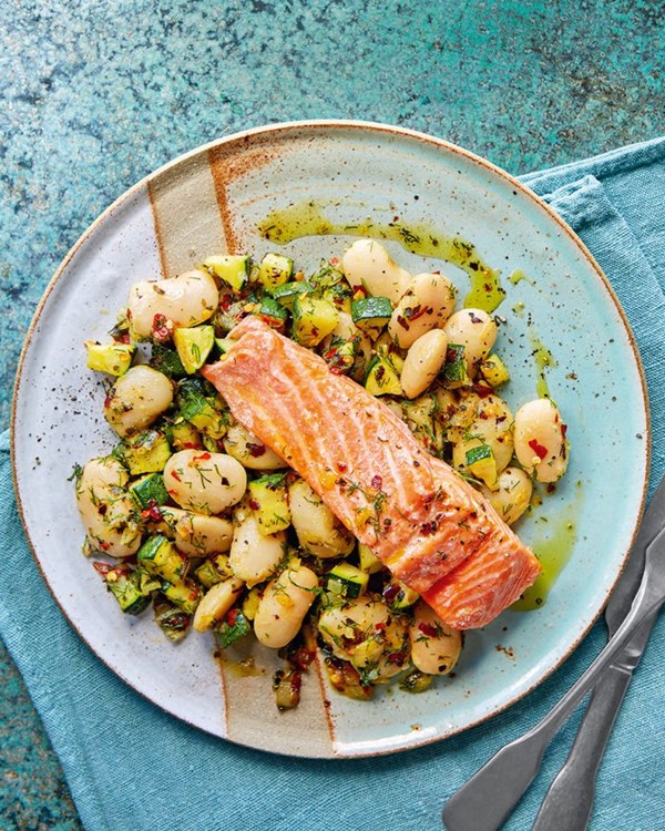 Roast trout with butter beans, courgettes and seaweed