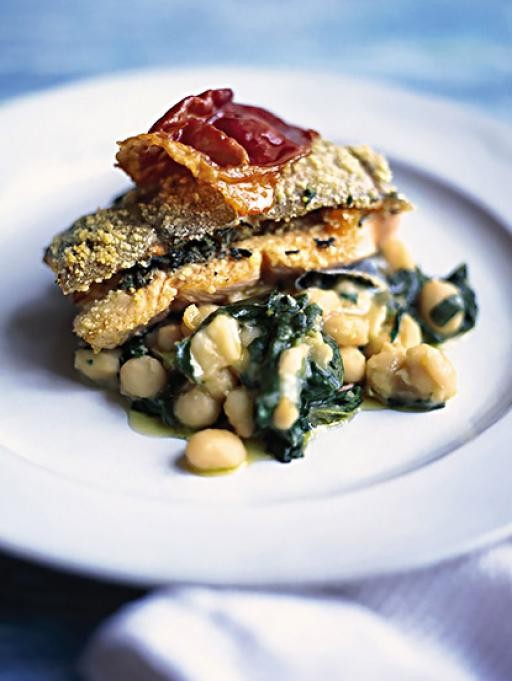 Roast trout with spinach, sage and prosciutto