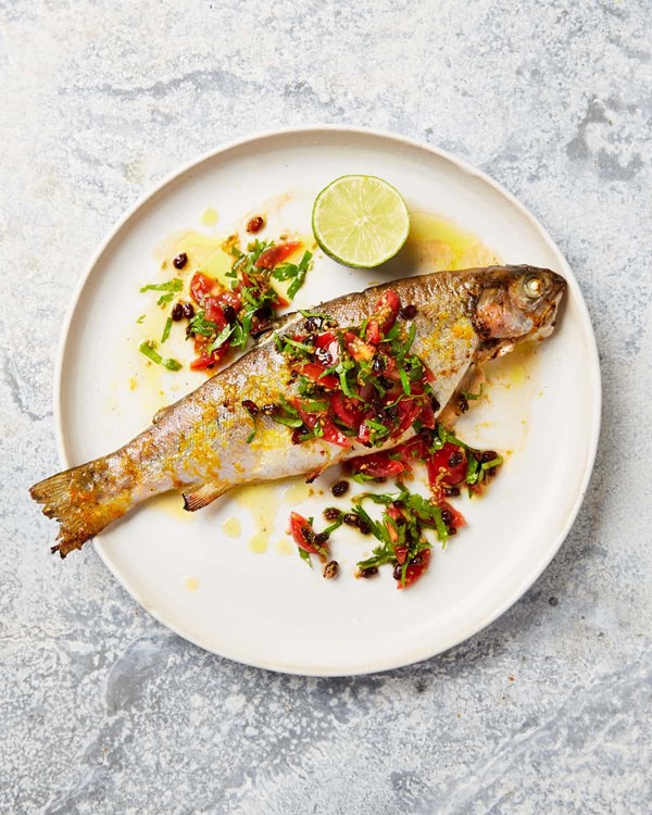 Roast trout with tomato, orange and barberry salsa