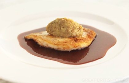 Roast turbot with five-spice aubergine caviar and a red wine sauce