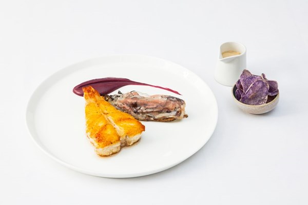 Roast turbot with red cabbage condiment, hispi cabbage and beer velouté