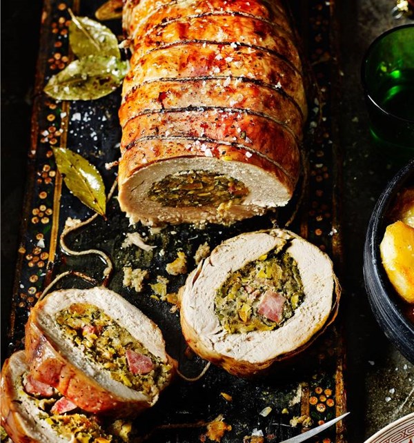 Roast turkey breast with apricot, gammon and pistachio stuffing