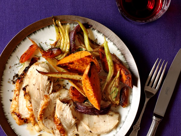 Roast turkey breast with glazed vegetables