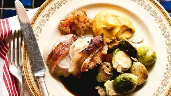 Roast turkey breasts with spiced pumpkin puree, Brussels sprouts and golden raisin relish