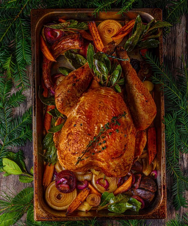 Roast turkey, chestnut and sausage stuffing, and gravy