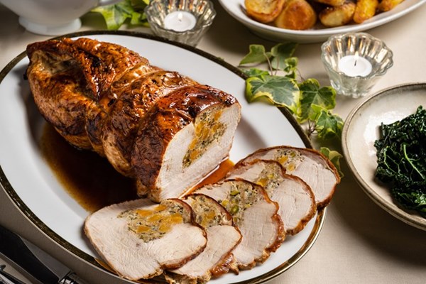 Roast turkey crown with apricot, pistachio and Saint Agur stuffing