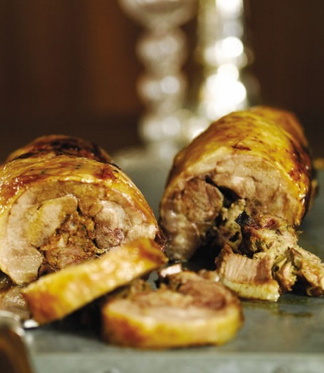 Roast turkey crown with pancetta, date and sage stuffed legs