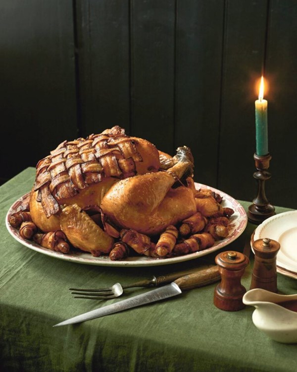 Roast turkey with a bacon lattice 
