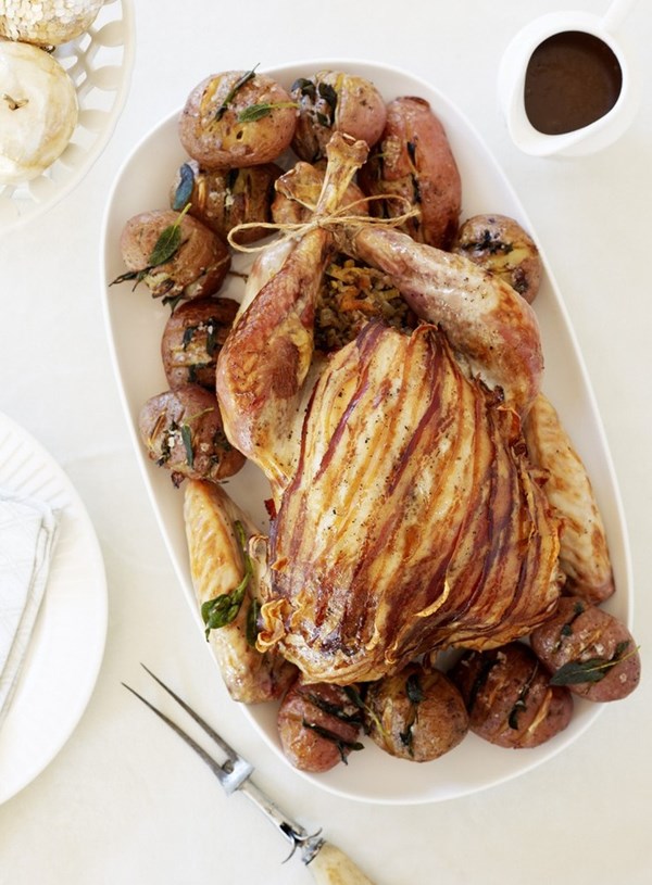 Roast turkey with a rice, leek and pistachio stuffing