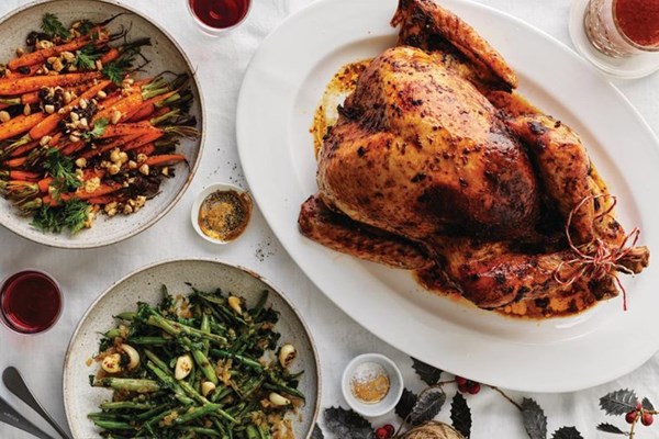 Roast turkey with ancho chilli gravy, lemony beans, sweet-and-sour carrots