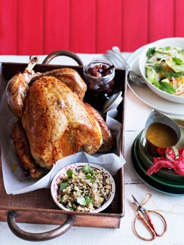 Roast turkey with burghul, preserved lemon and pine nuts