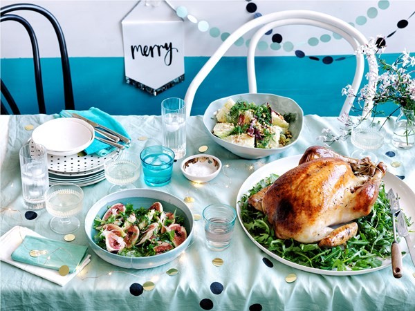 Roast turkey with pistachio rosemary stuffing & salad of figs & mint