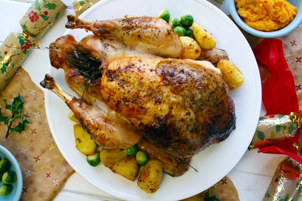 Roast turkey with pork, sage and apple stuffing and all the trimmings 