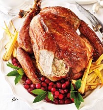Roast turkey with spiced cranberry-pecan stuffing and maple glaze