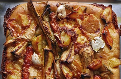 Roast vegetable & Taleggio focaccia Pugliese