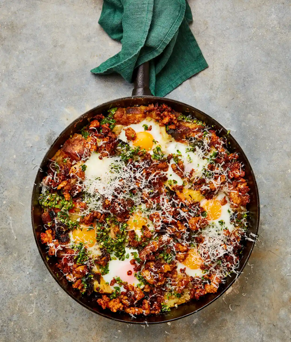 Roast vegetable and egg bake with paprika sausages